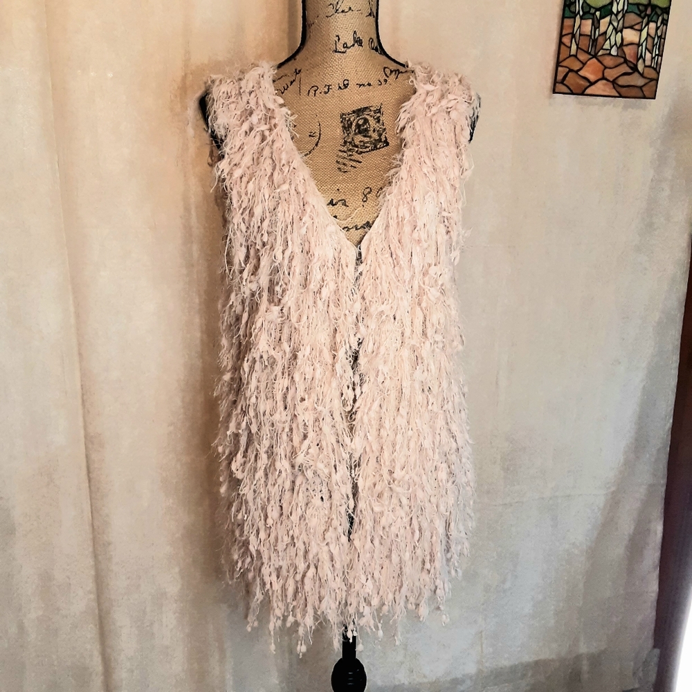 Long Beige Fringe Knit Vest with hook closure L/XL